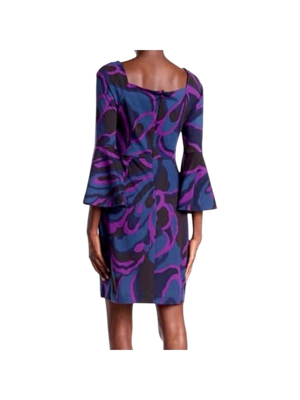 Trina Turk Size 14 Bell Sleeve Dress | Purple & Blue Swirl Geometric Mod Print - Picture 4 of 11